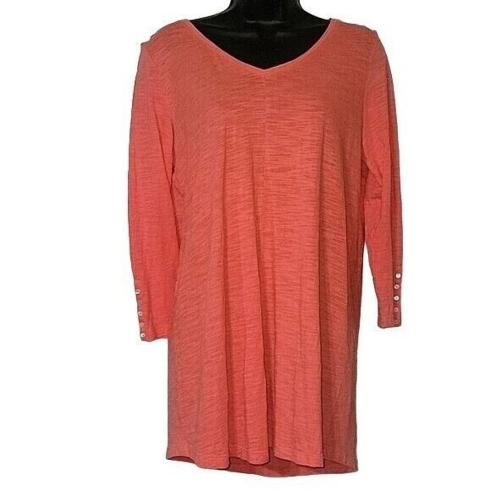 J. Jill Coral Pink Slub Knit V-Neck Tunic Top Long‎ Sleeve Button Cuff Small